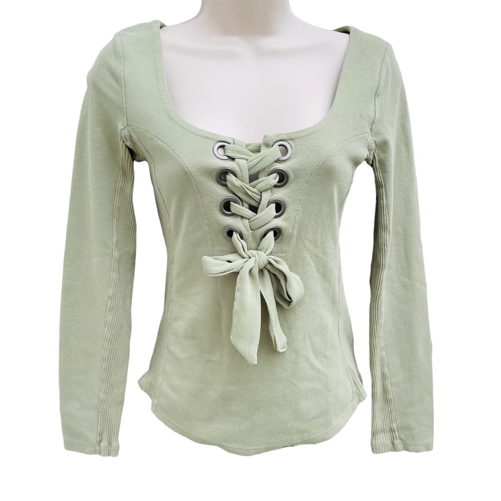Free People Looking Back Ribbed Top Light Celery Green size xsmall 7040 - Picture 2 of 14